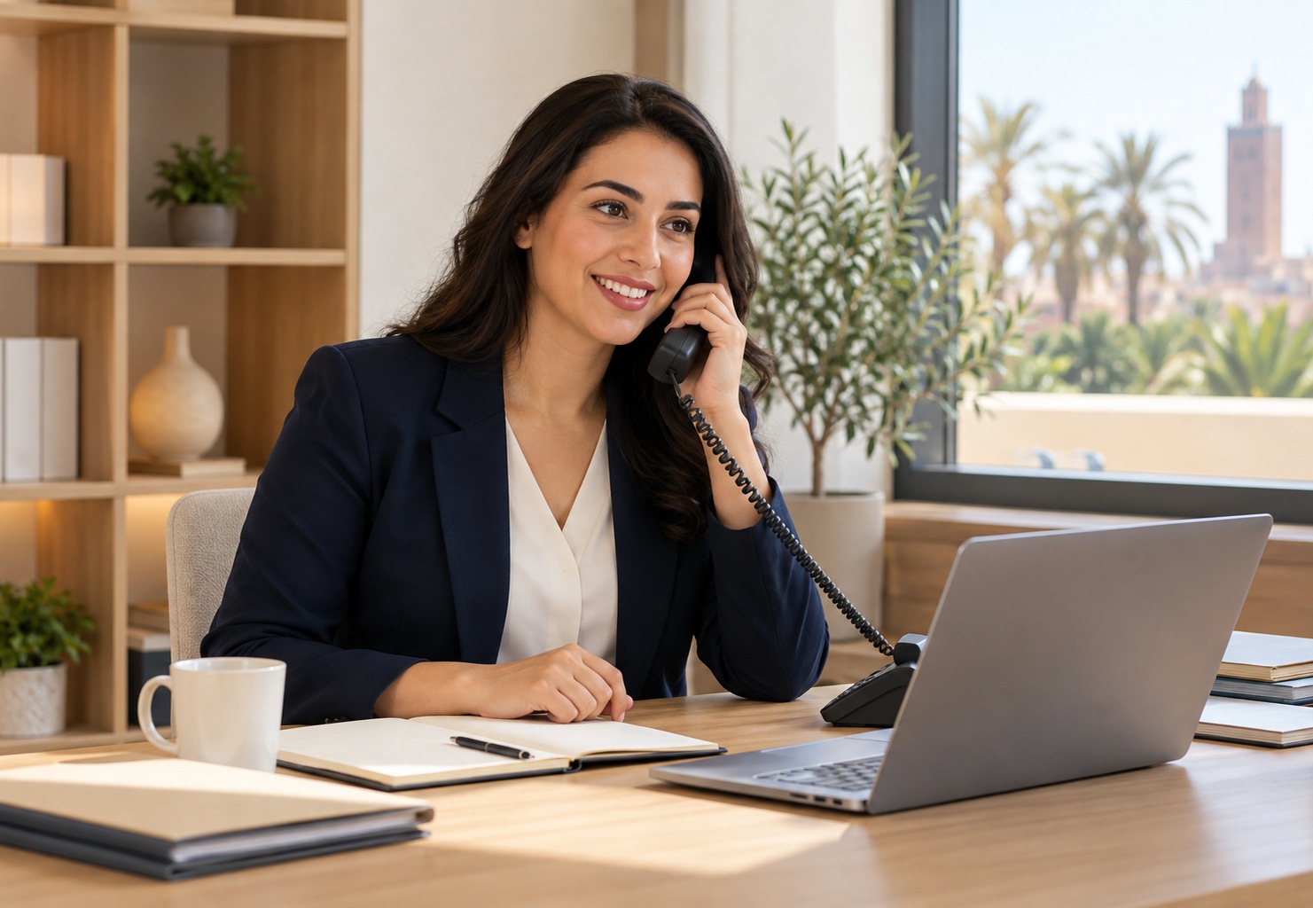 Conseillère Ideal Consulting répondant à un client au téléphone